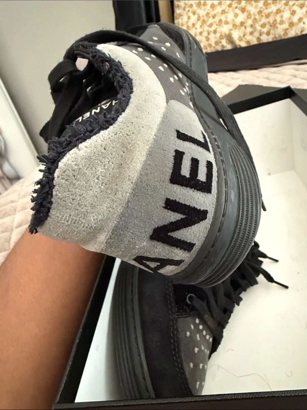 CHANEL Black and Gray Suede-Accent Kids Sneakers